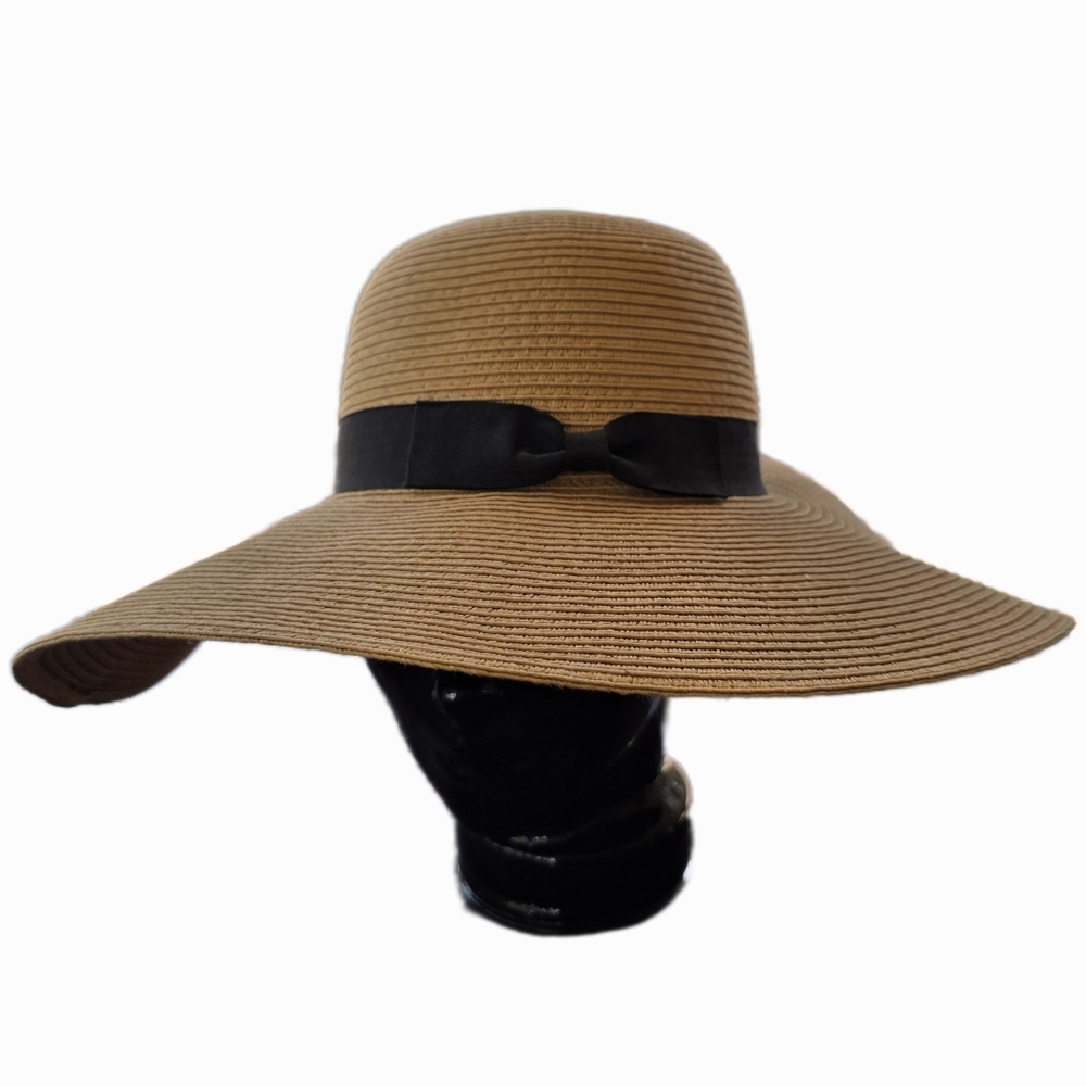 Chic Tan Sun Hat with Black Bow
